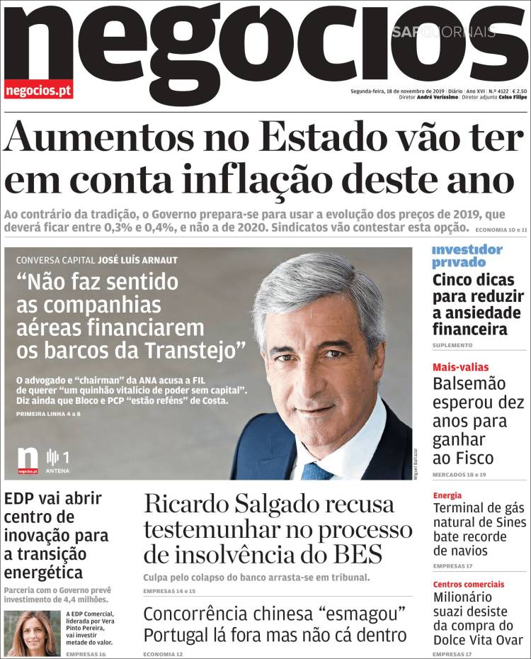 Portada de Jornal de Negócios (Portugal)