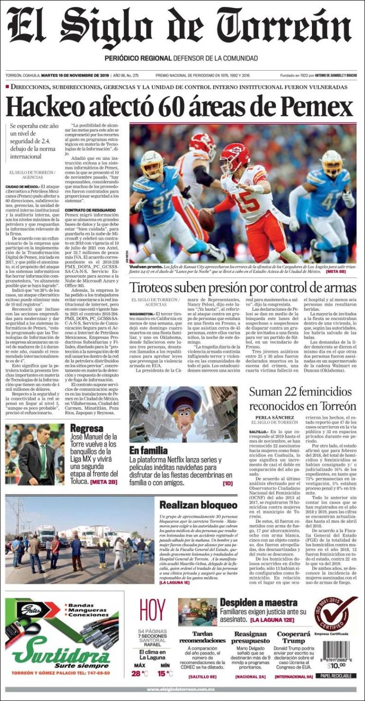 Portada de El Siglo de Torreon (M&eacute;xico)