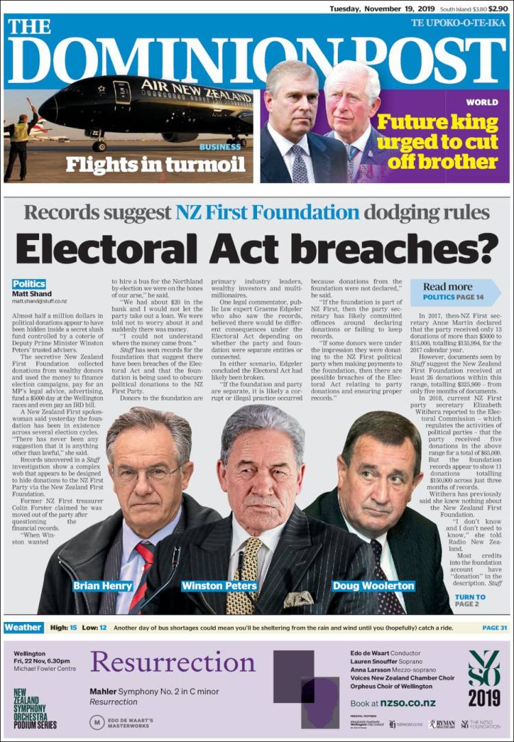 Portada de The Dominion Post (Nueva Zelanda)