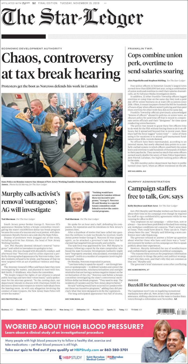 Portada de Star-Ledger (USA)