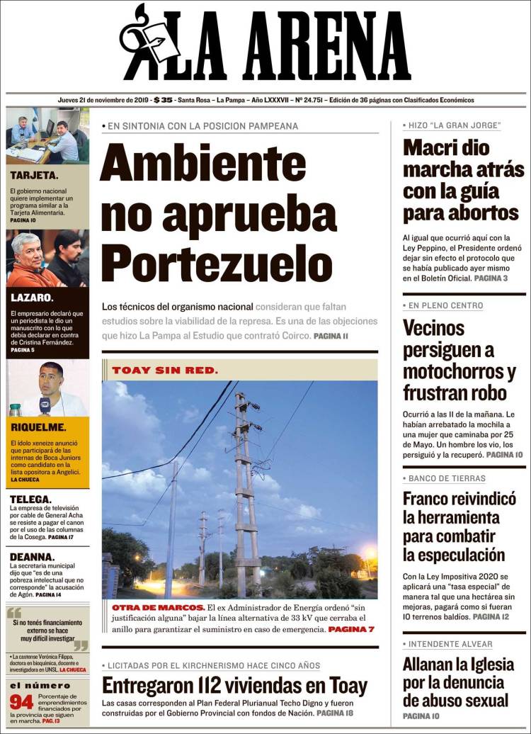 Portada de Diario La Arena (Argentina)