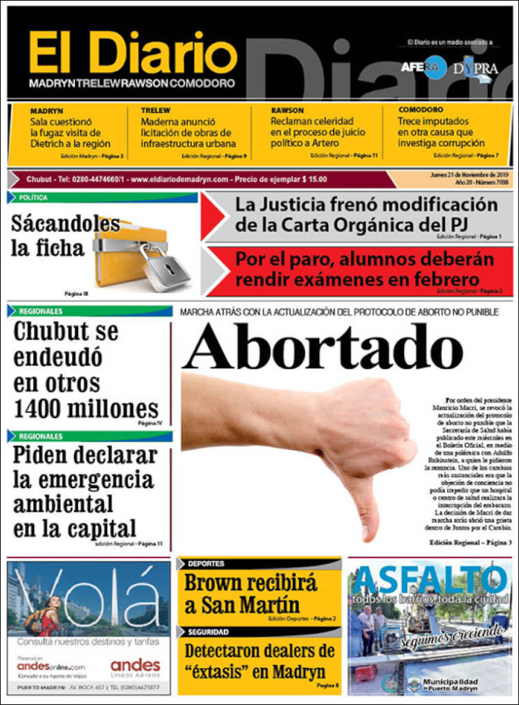 Portada de El Diario de Madryn (Argentina)