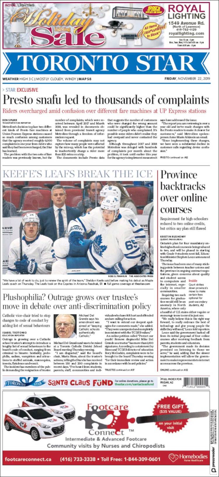 Portada de The Toronto Star (Canadá)