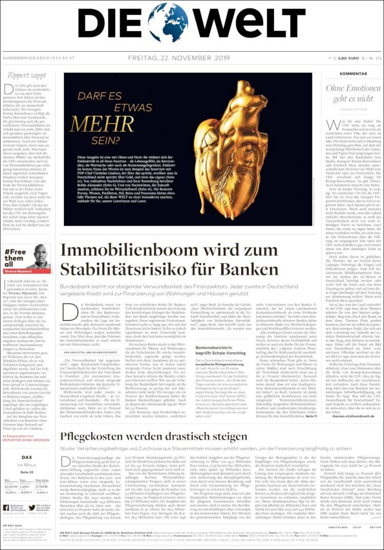 Portada de Die Welt (Alemania)