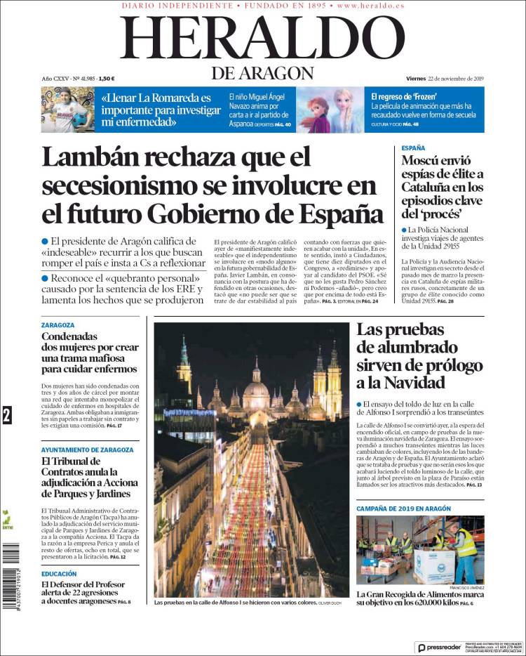 Portada de Heraldo de Aragón (España)