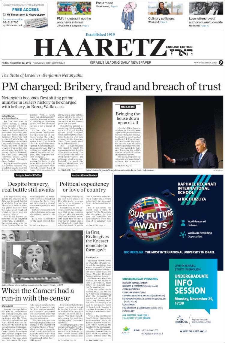 Portada de Haaretz (Israel)