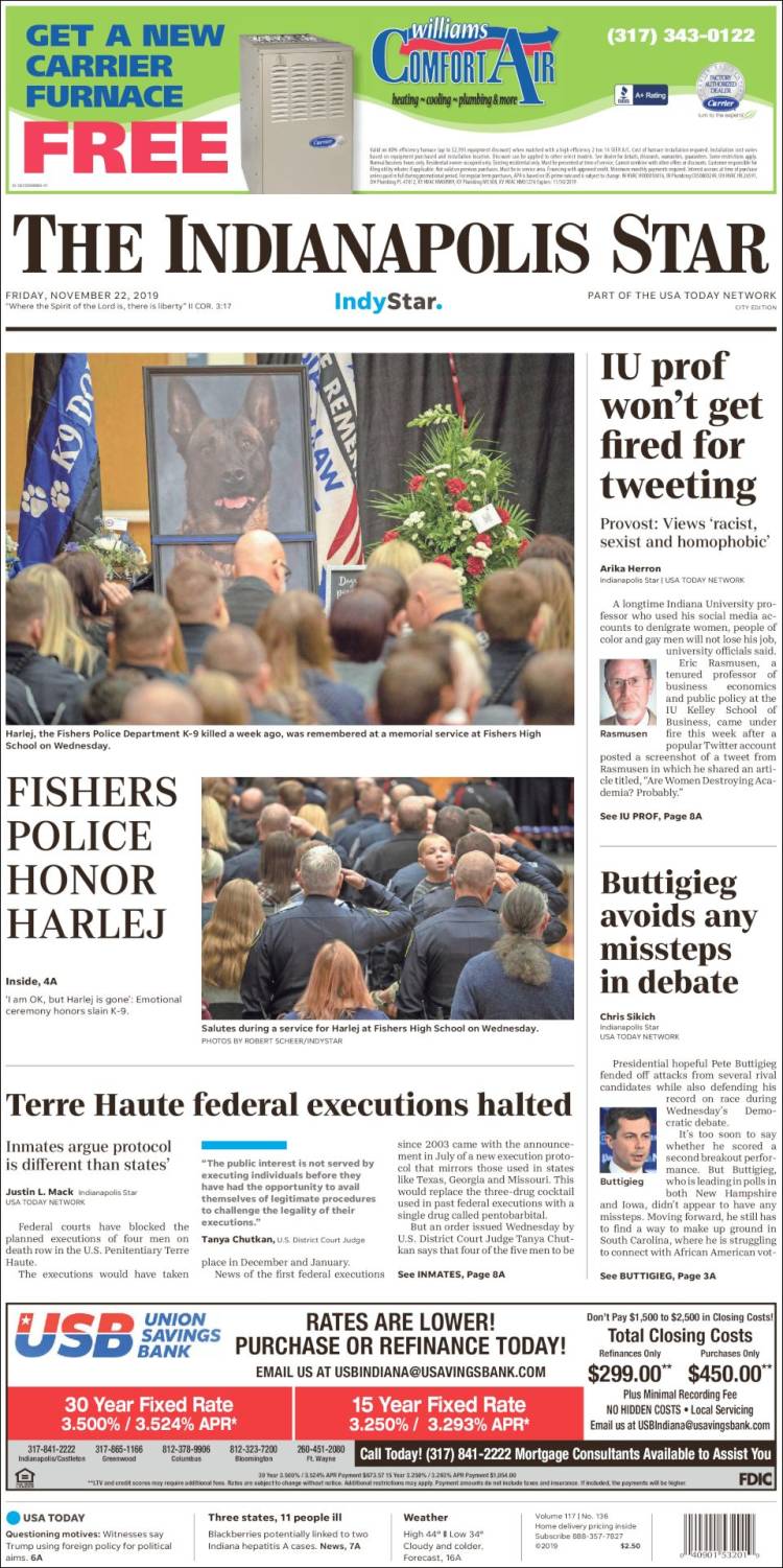 Portada de The Indianapolis Star (USA)