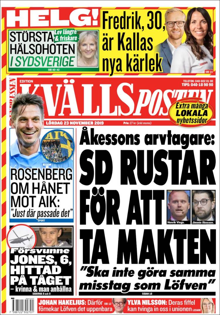 Portada de Kvällsposten (Suecia)