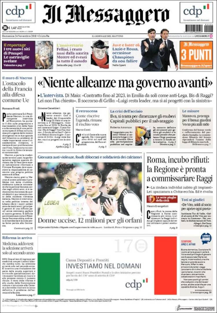 Portada de Il Messaggero (Italia)