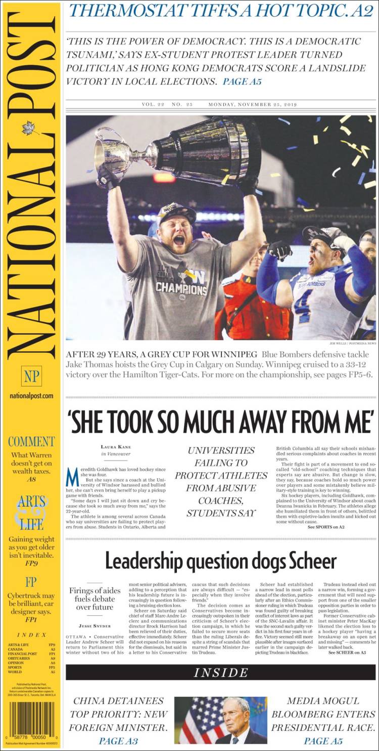 Portada de The National Post (Canadá)