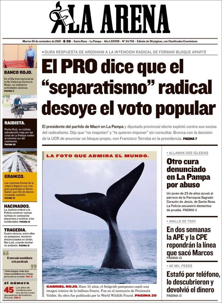 Portada de Diario La Arena (Argentina)