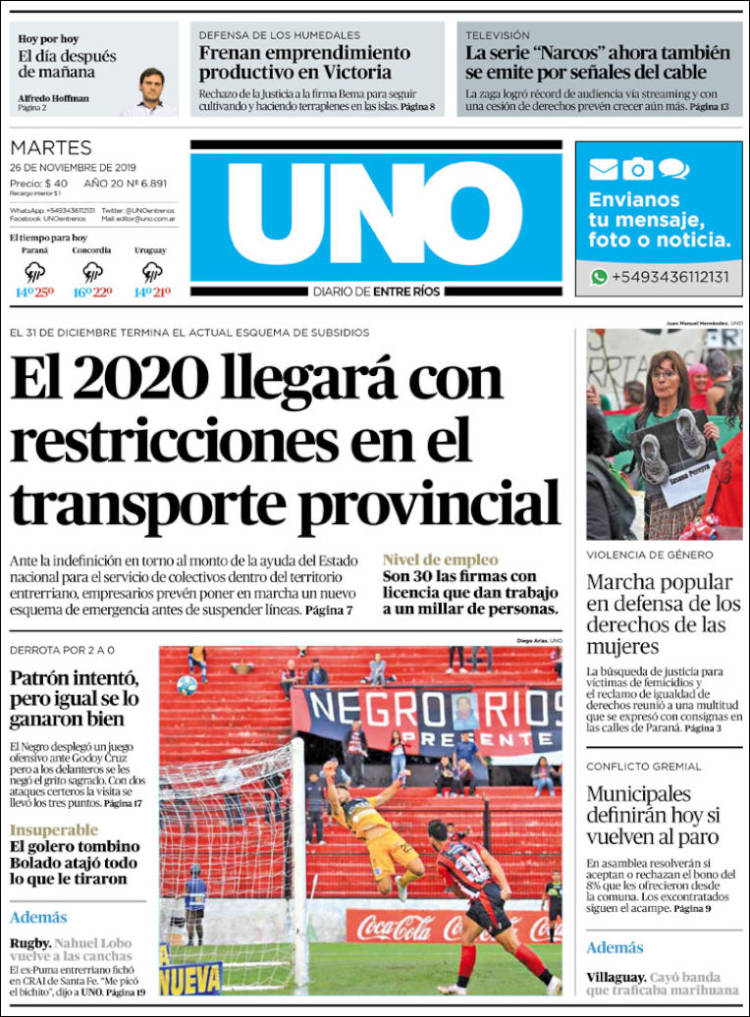 Portada de Diario Uno de Entre Ríos (Argentina)