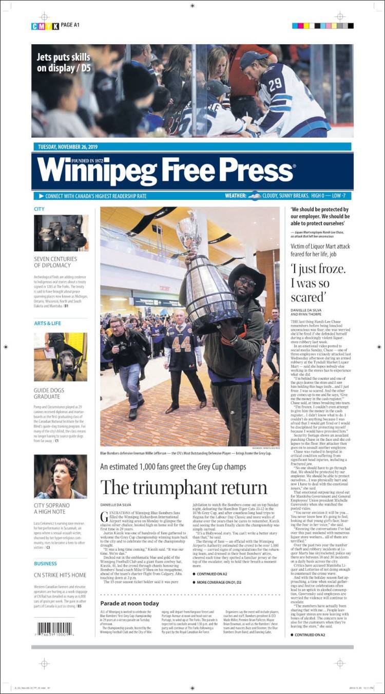 Portada de Winnipeg Free Press (Canada)