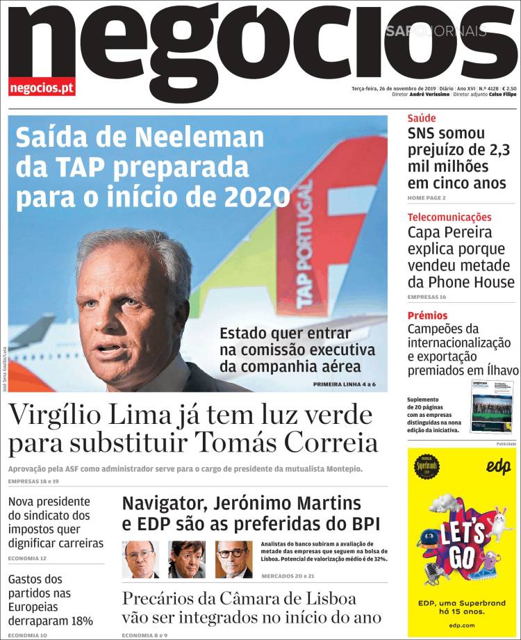 Portada de Jornal de Negócios (Portugal)