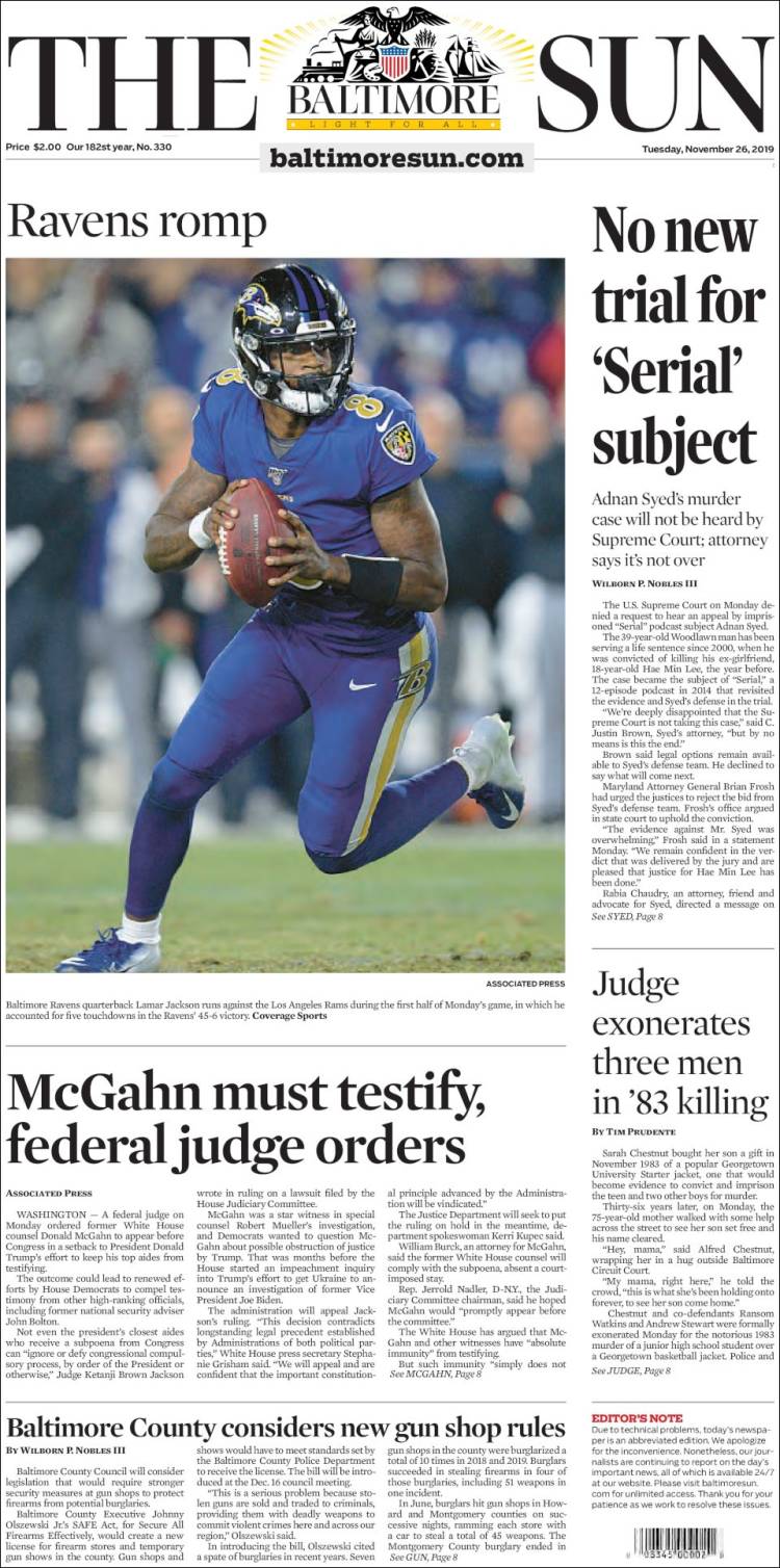 Portada de The Baltimore Sun (USA)