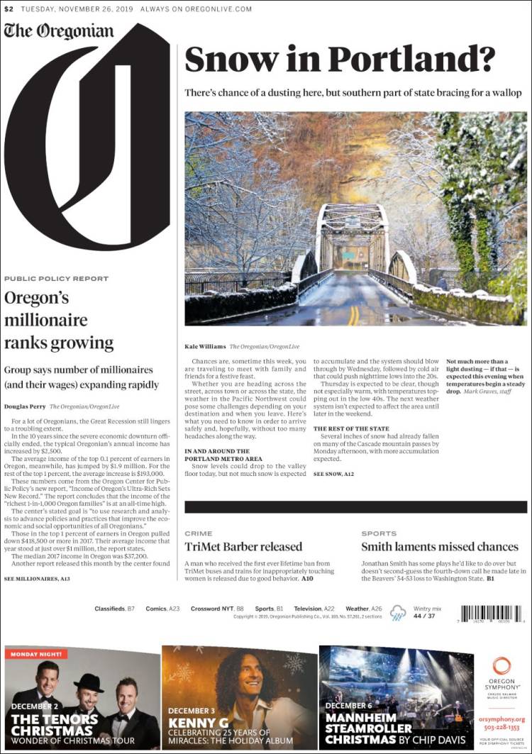 Portada de The Oregonian (USA)