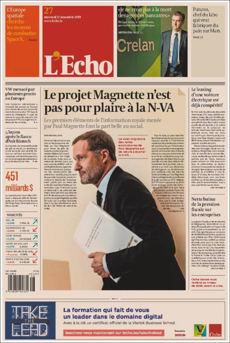 Portada de L'Echo (B&eacute;lgica)