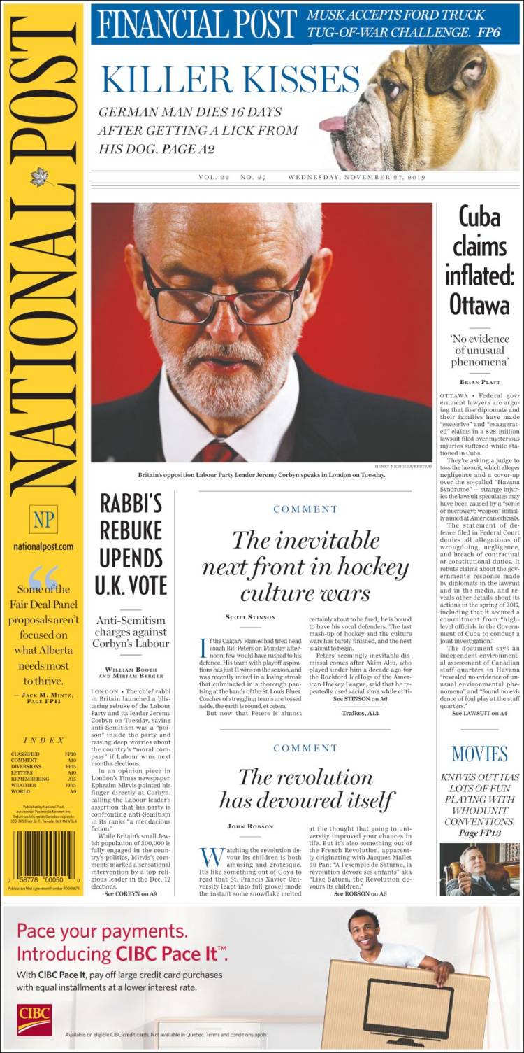 Portada de The National Post (Canadá)