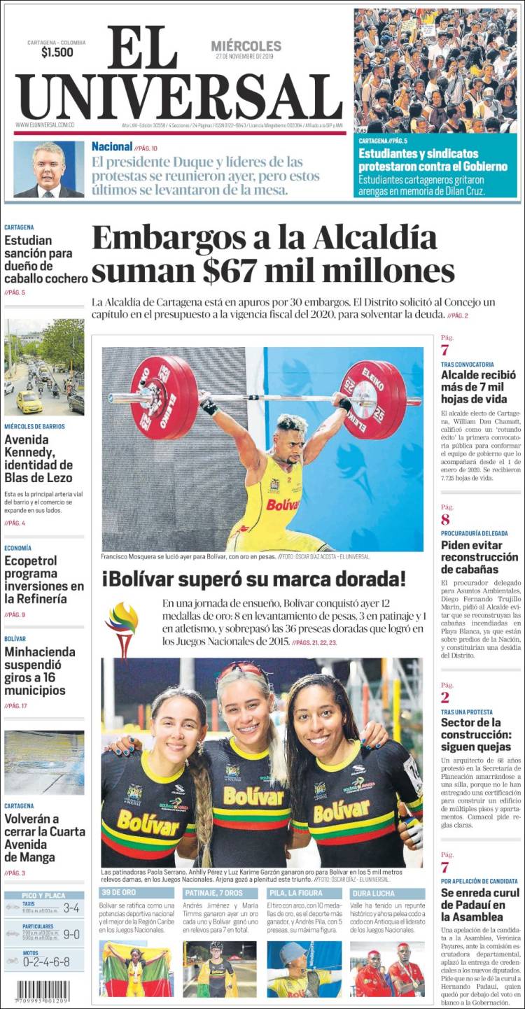 Portada de El Universal (Colombia)