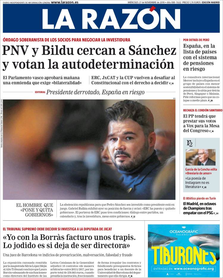 Portada de La Razón (España)