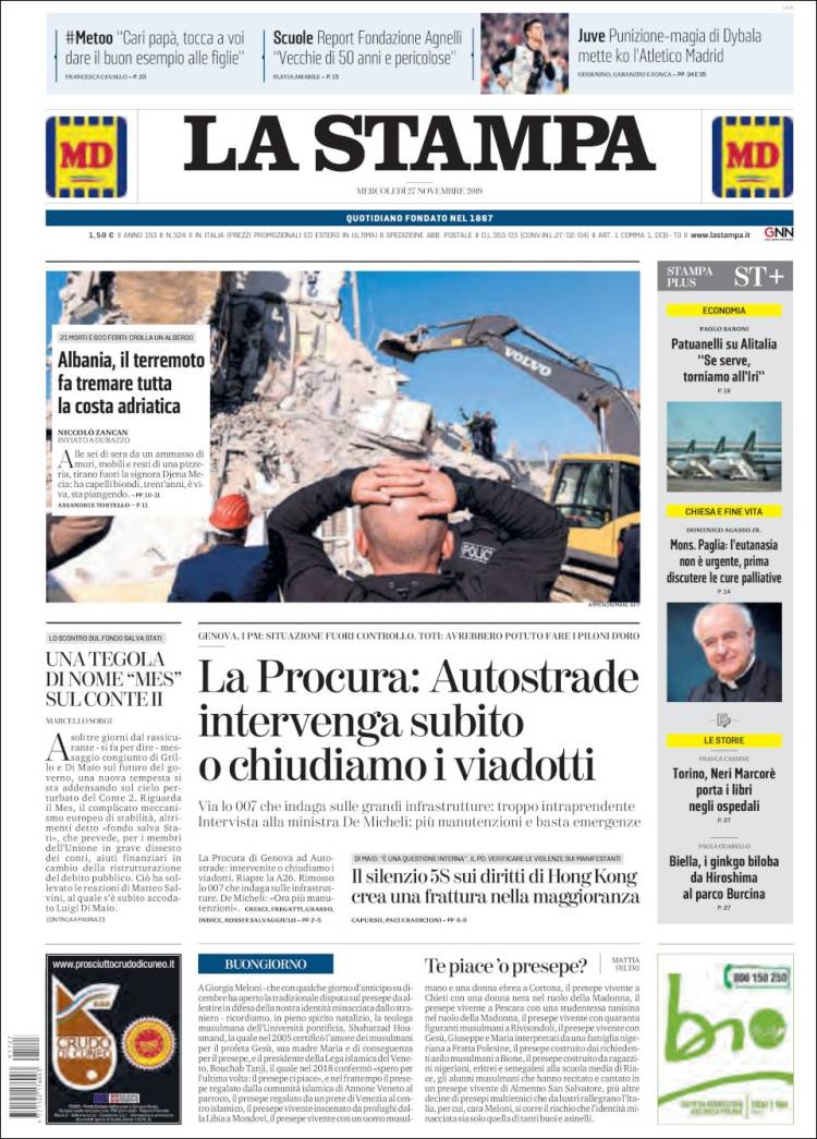 Portada de La Stampa (Italia)