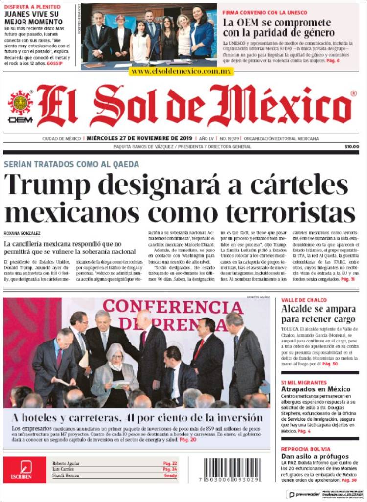 Portada de El Sol de México (México)