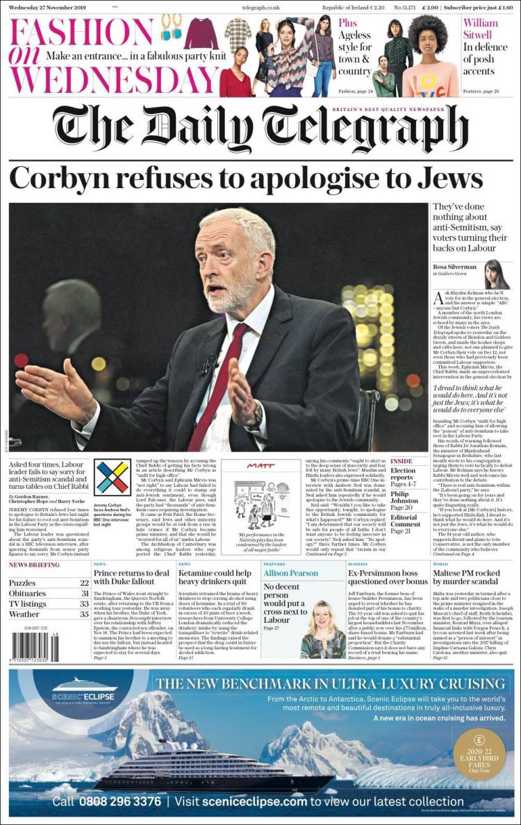 Portada de Daily Telegraph (Reino Unido)