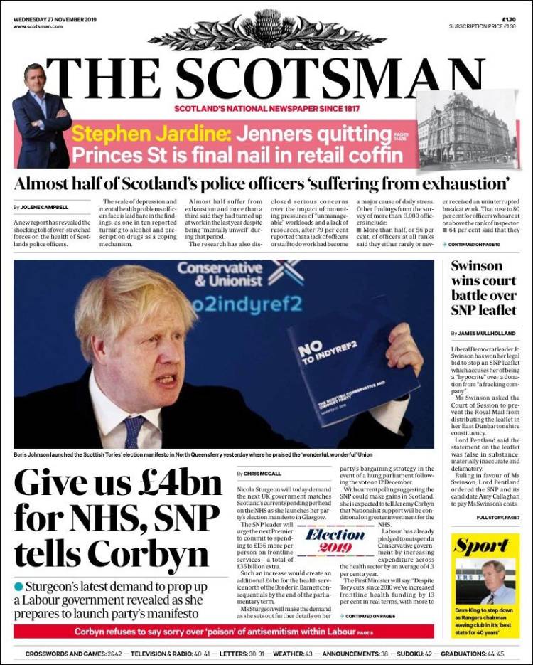 Portada de The Scotsman (Reino Unido)