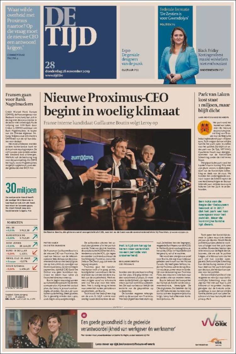 Portada de De Tijd (B&eacute;lgica)