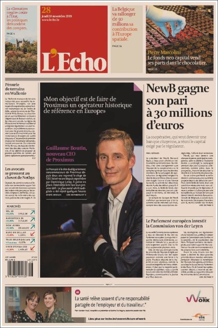 Portada de L'Echo (B&eacute;lgica)