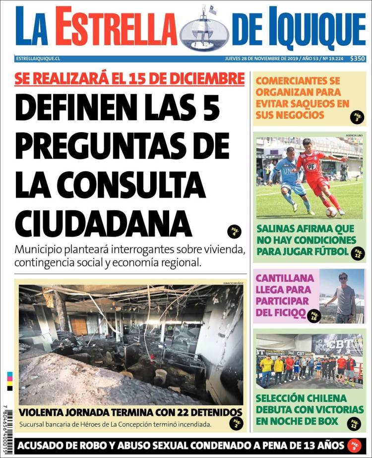 Portada de La Estrella de Iquique (Chile)