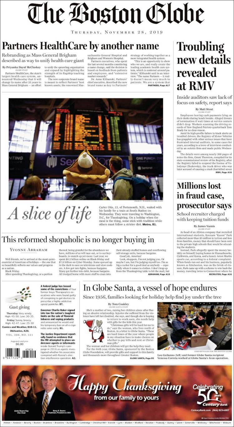 Portada de Boston Globe (USA)