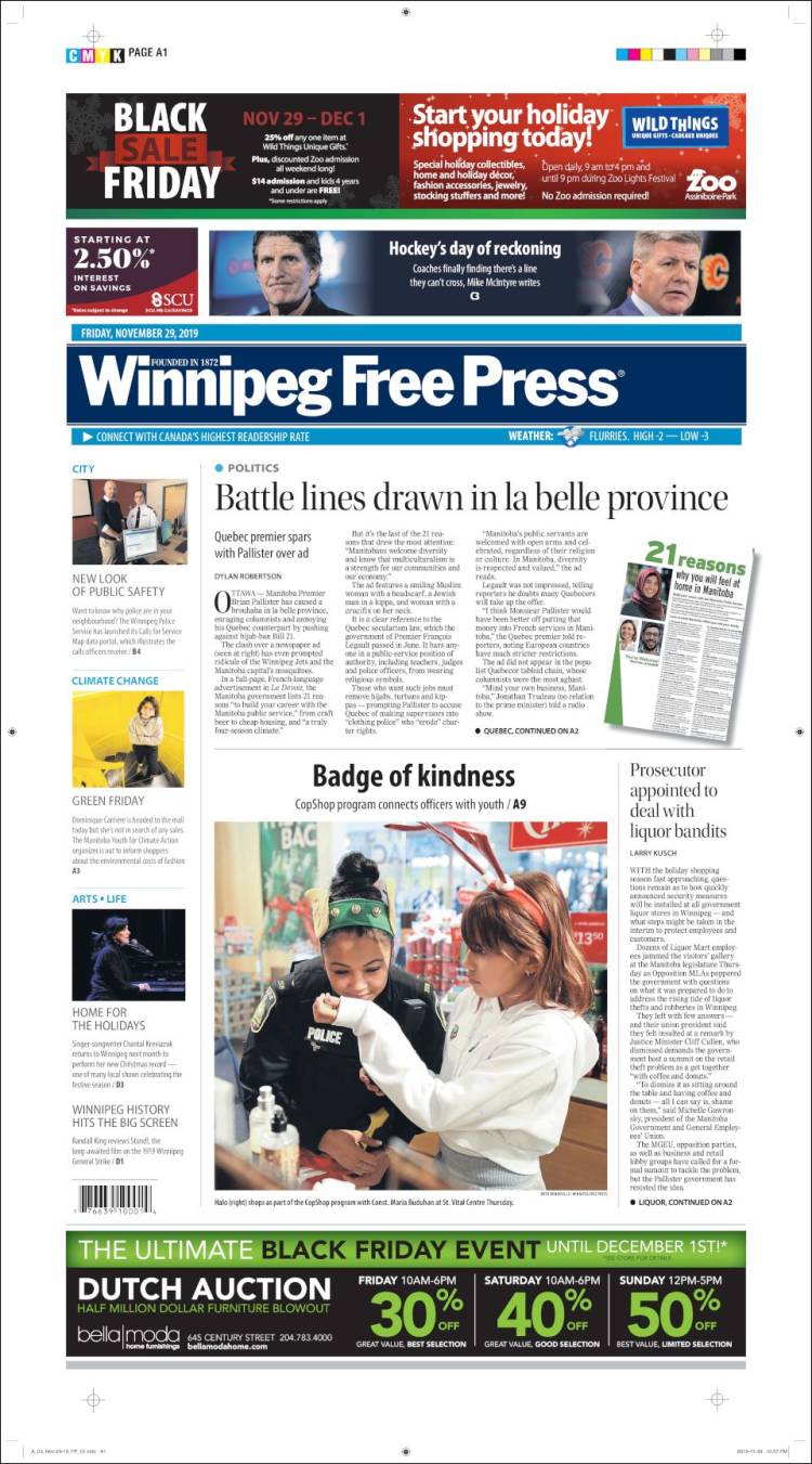 Portada de Winnipeg Free Press (Canadá)