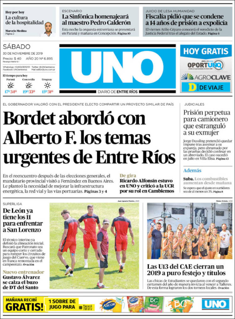 Portada de Diario Uno de Entre Ríos (Argentina)