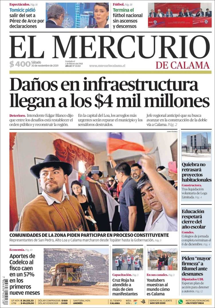 Portada de El Mercurio - Calama (Chile)