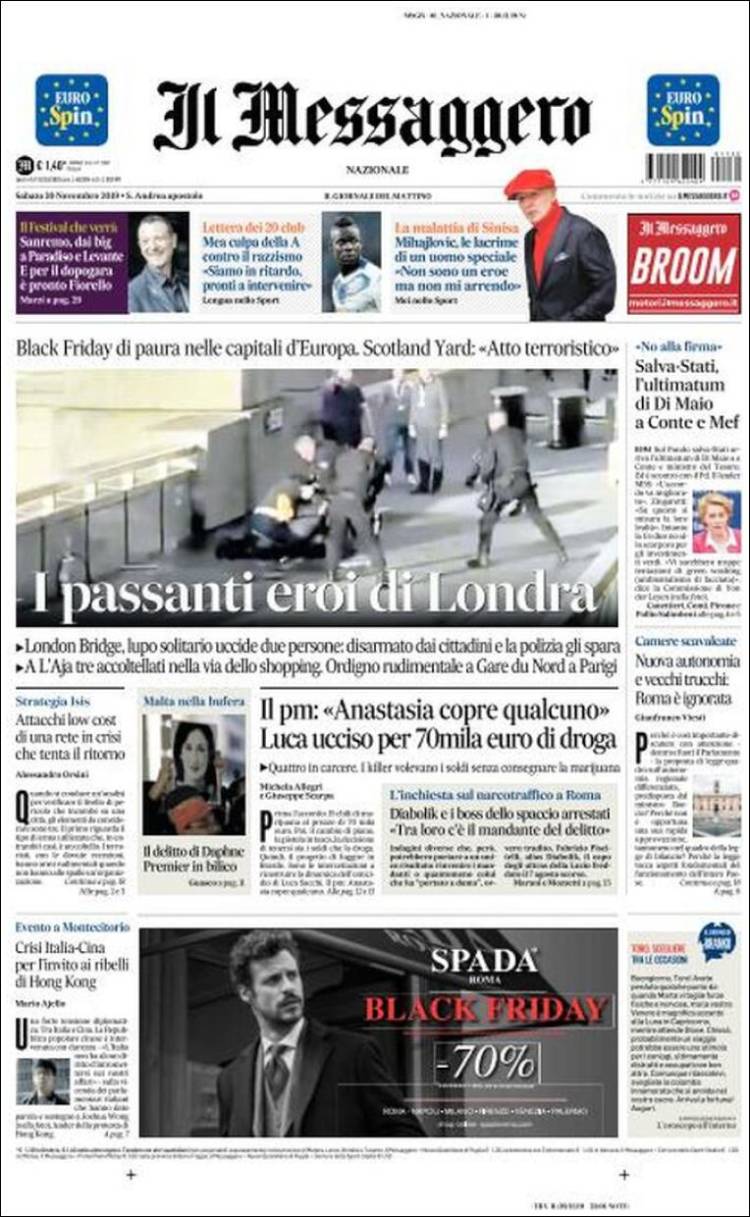 Portada de Il Messaggero (Italia)