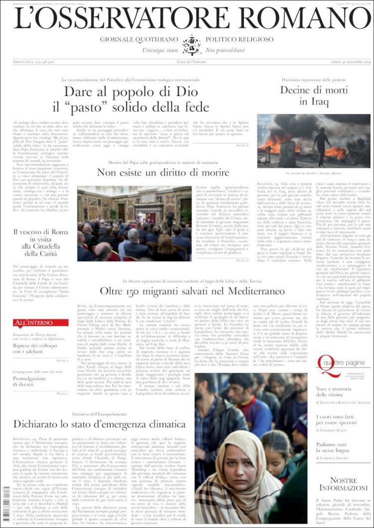 Portada de L'Osservatore Romano (Italia)