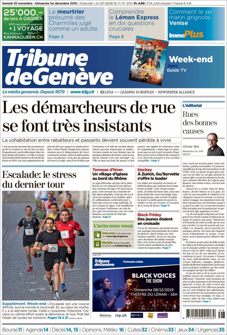 Portada de La Tribune de Genève (Suiza)