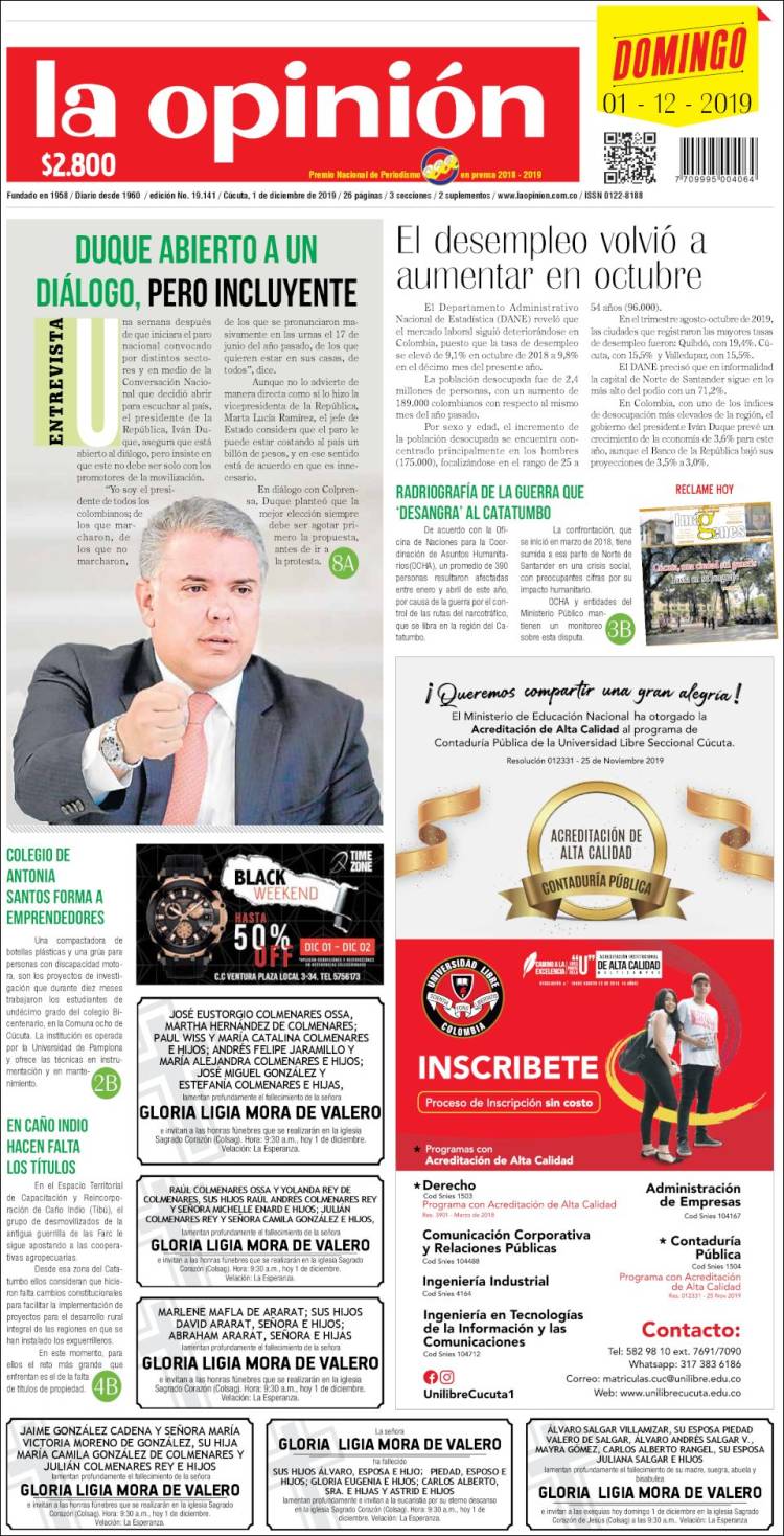 Portada de Diario La Opinion (Colombia)