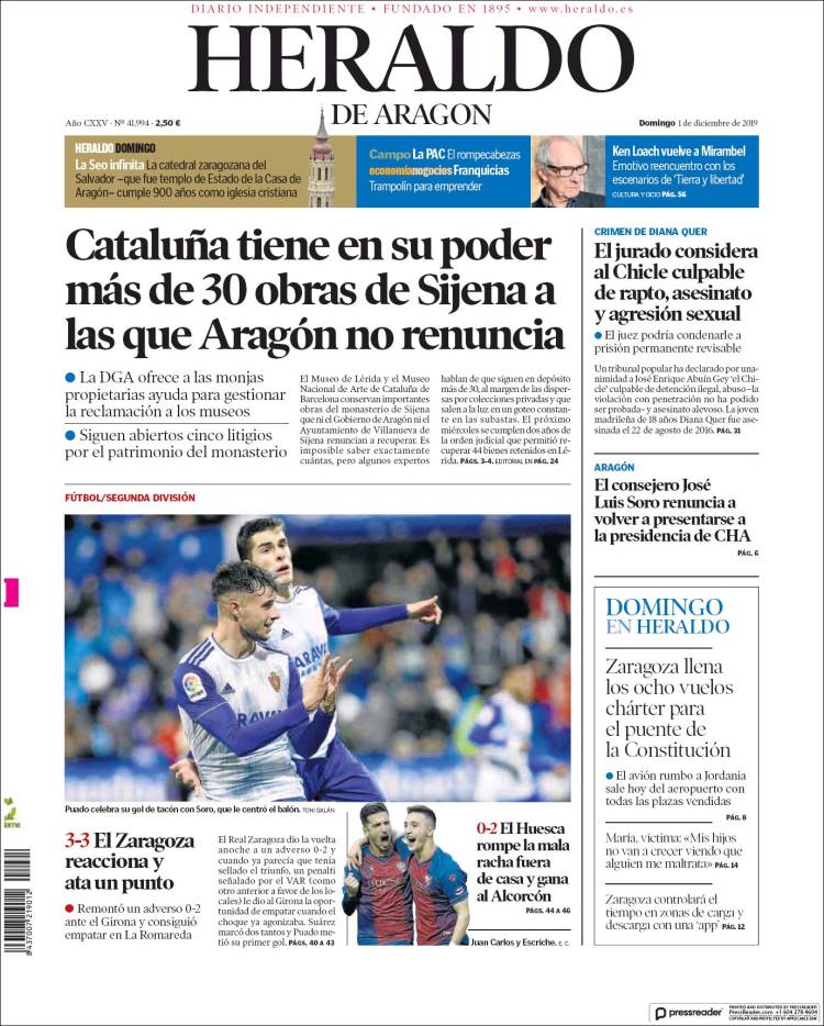 Portada de Heraldo de Aragón (España)