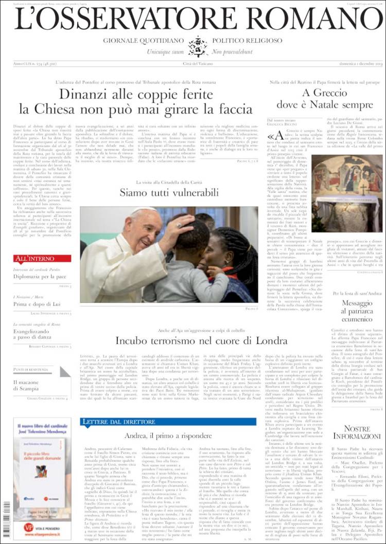 Portada de L'Osservatore Romano (Italia)