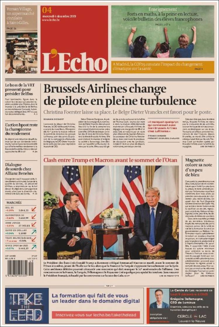 Portada de L'Echo (B&eacute;lgica)