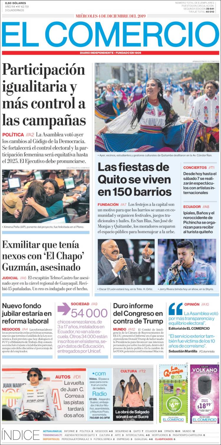 Portada de El Comercio (Ecuador)