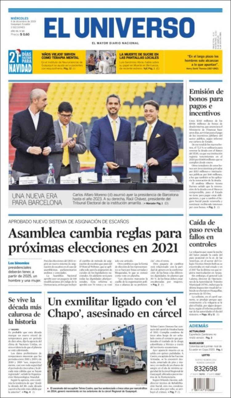 Portada de El Universo - Ecuador (Ecuador)