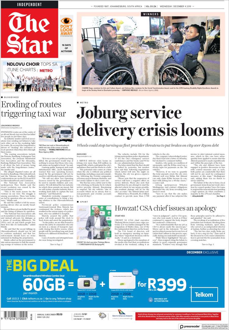 Portada de The Star (Sud&aacute;frica)