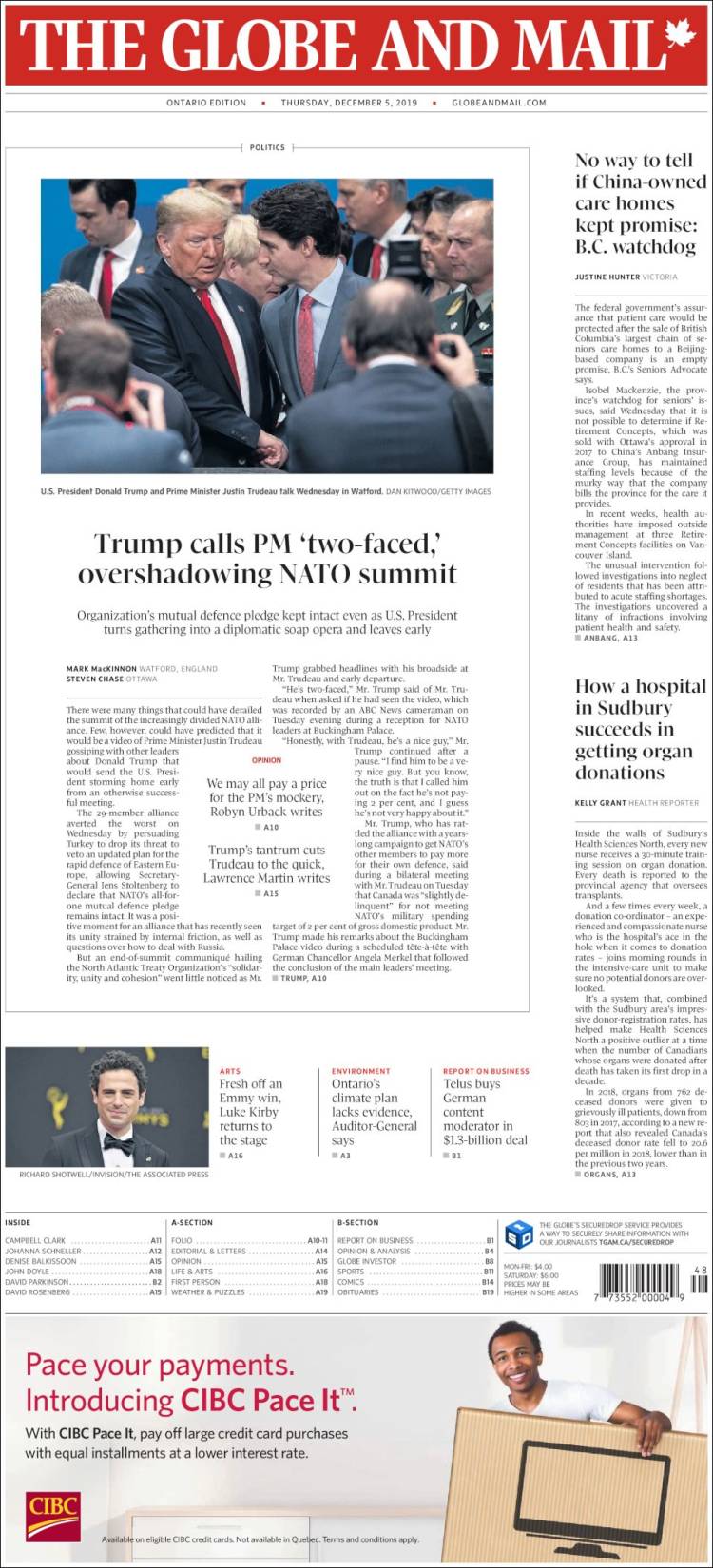 Portada de The Globe and Mail (Canadá)