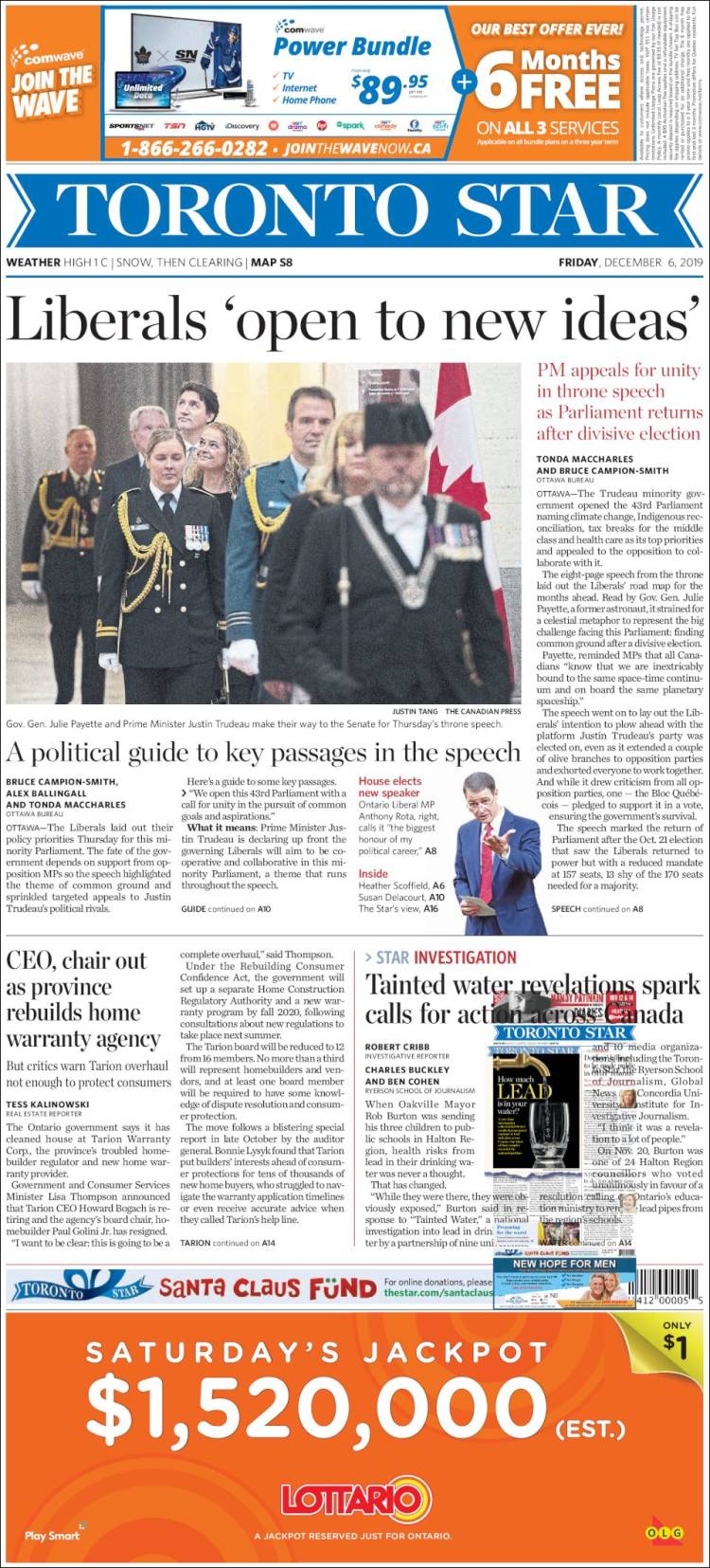 Portada de The Toronto Star (Canadá)