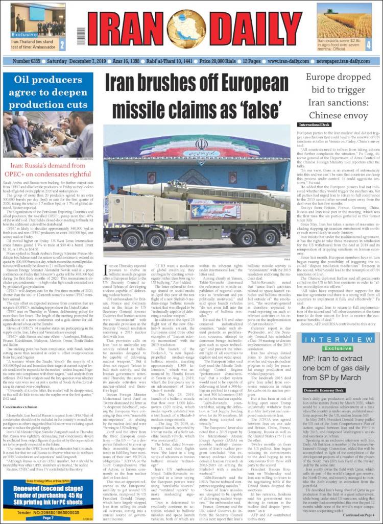 Portada de Iran Daily (Ir&aacute;n)