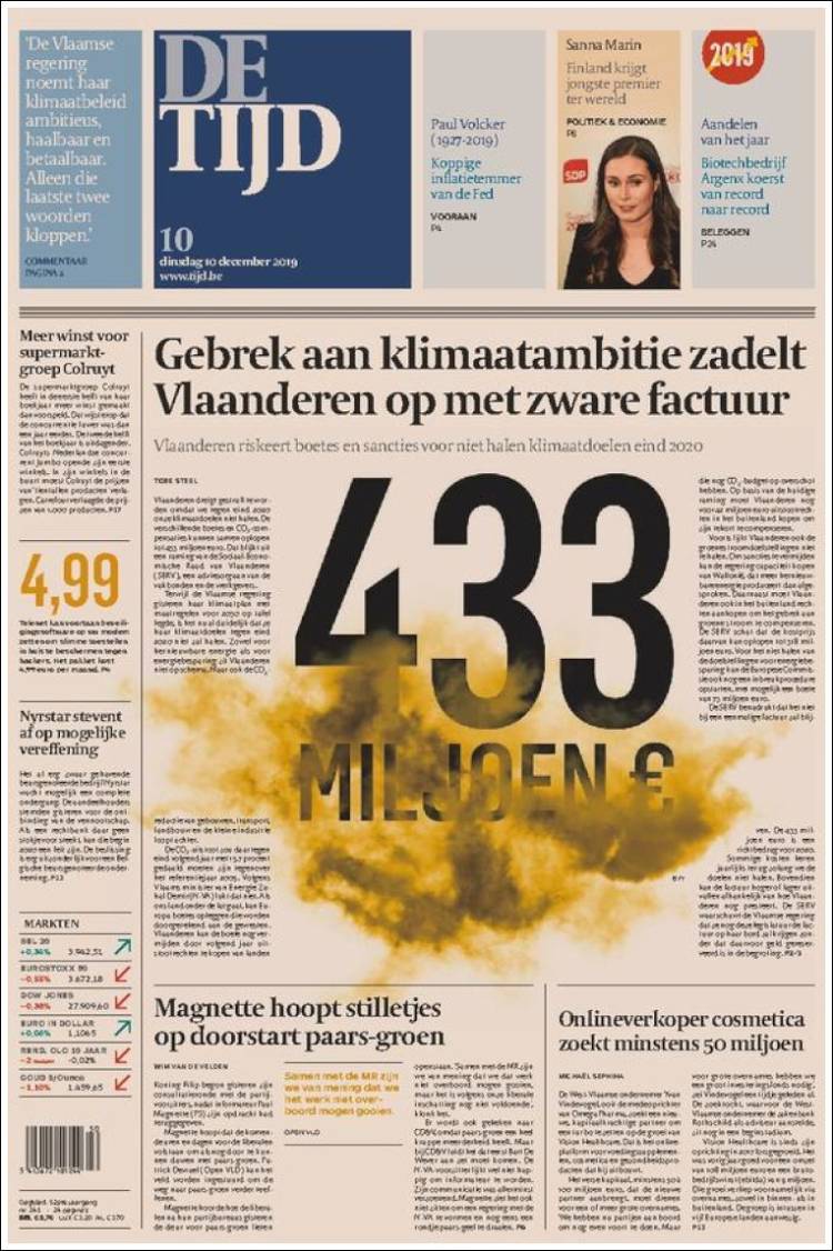 Portada de De Tijd (B&eacute;lgica)