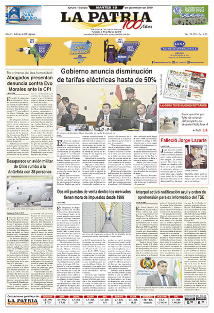 Portada de La Patria (Bolivia)